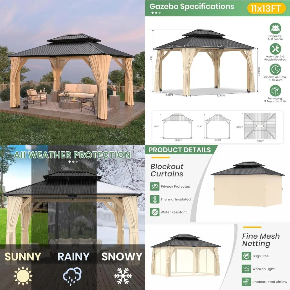 

11' x 13' wood gazebo, outdoor hardtop gazebo, double galvanized steel roof pergola with curtains and nettings, wooden pavilion