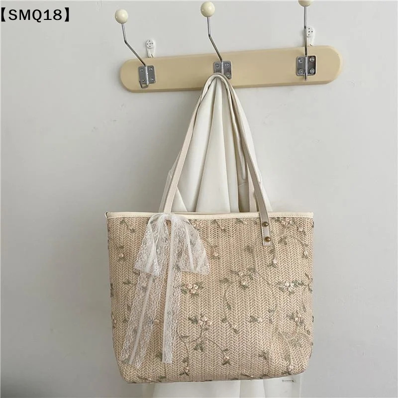 Woven Straw Tote Bag With Floral Embroidery And Lace Bow Detail Shoulder Bag Perfect For Daily Commute Beach Trips Shopping【SMQ】