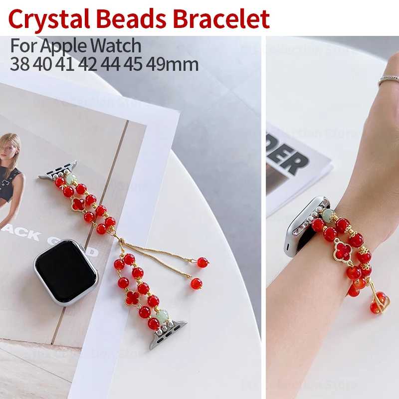 

Red Beads Strap for Apple Watch Series 7 Accessories 44mm 45mm 38 41 49 40 Crystal Bracelet for Iwatch Band 6 8 Se 5 4 3 Correa