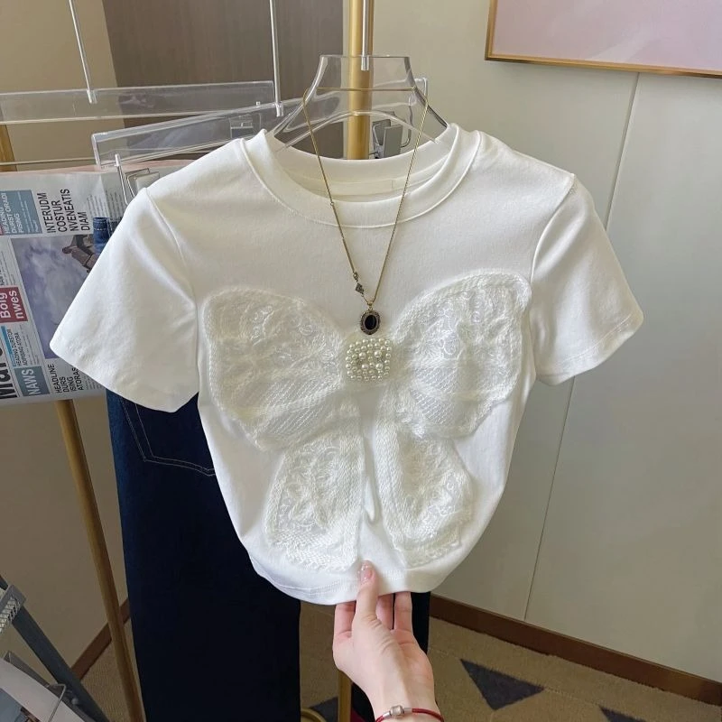 Girls T-Shirt Kids Beaded Bow Short Sleeve Summer Top Slim Fit Cropped Tee Unique Design Casual Trendy for Holiday Daily Wear