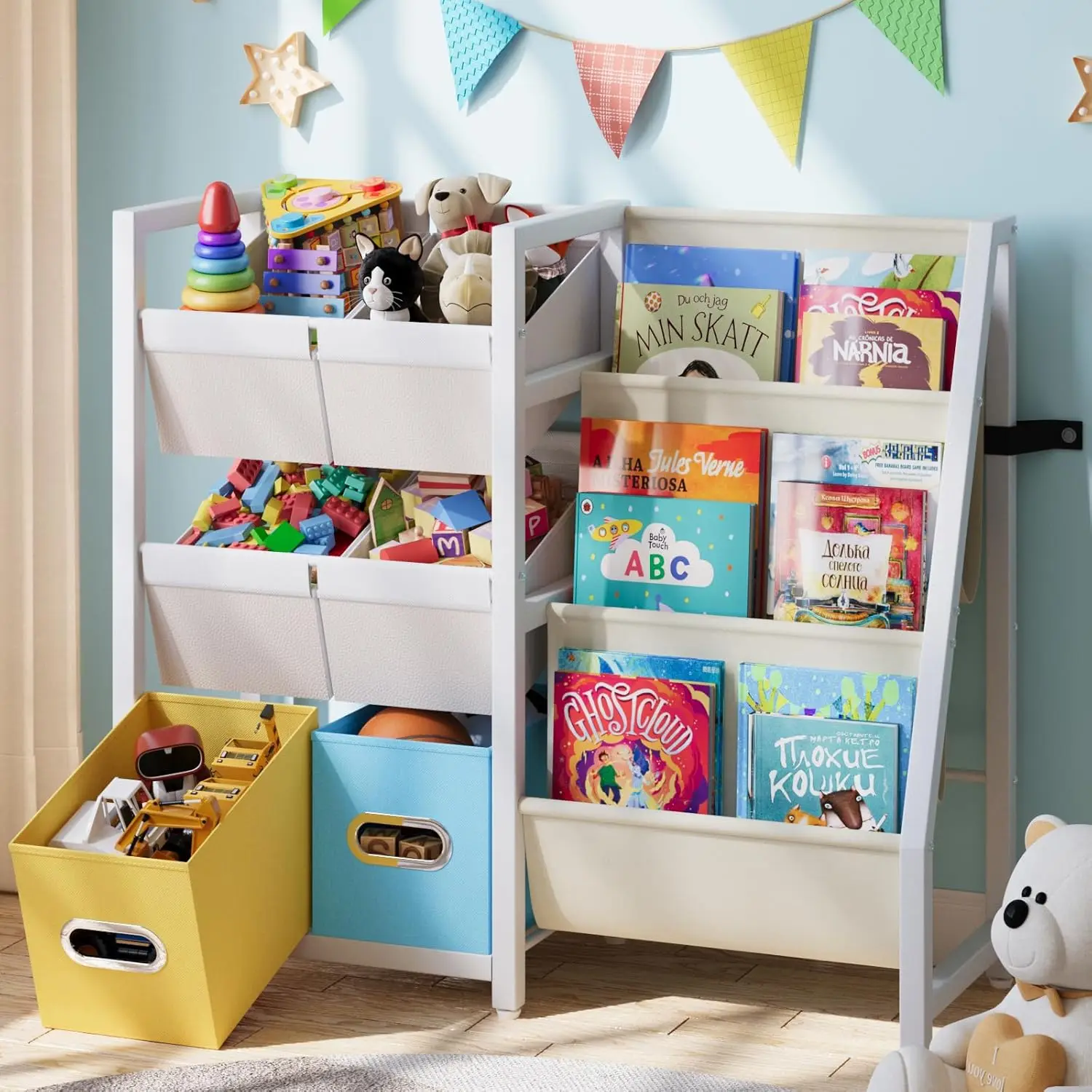 Kids Bookshelf Toy Storage Organizer with 6 Bins and 3 Fabric Shelves for Toddler Room Organization