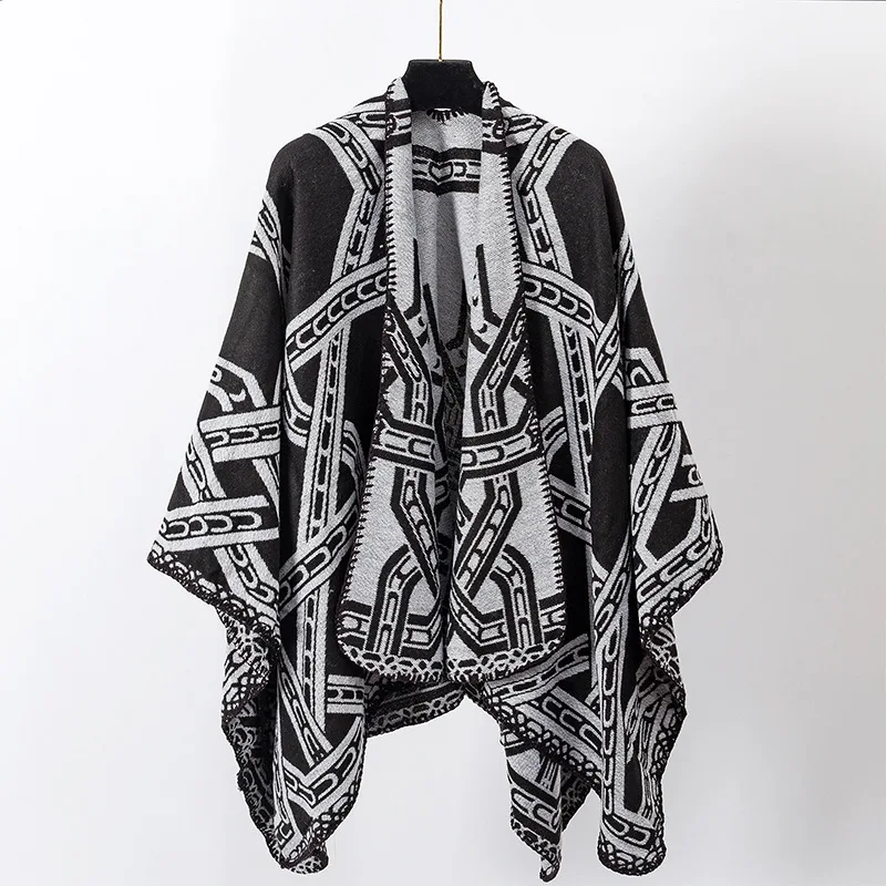 Male Split Hooded Shawl Ethnic Imitation Cashmere Poncho Warm Capes Hooded Coats Men Thickened Warm Tassel Cloak Triangle Jacket