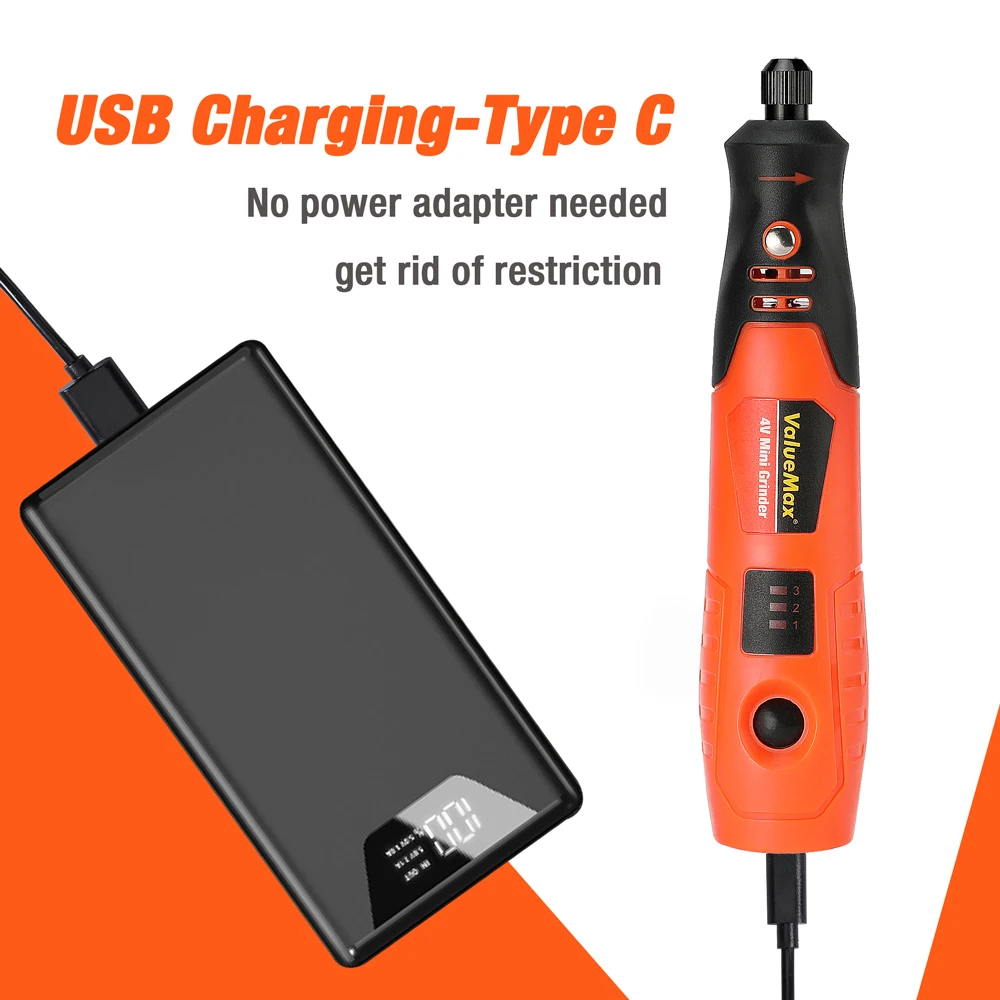 ValueMax 전기 미니 그라인더 세트, 드릴 USB 충전 회전 도구, 조각 액세서리 키트 포함, DIY 연삭 연마용, 4V