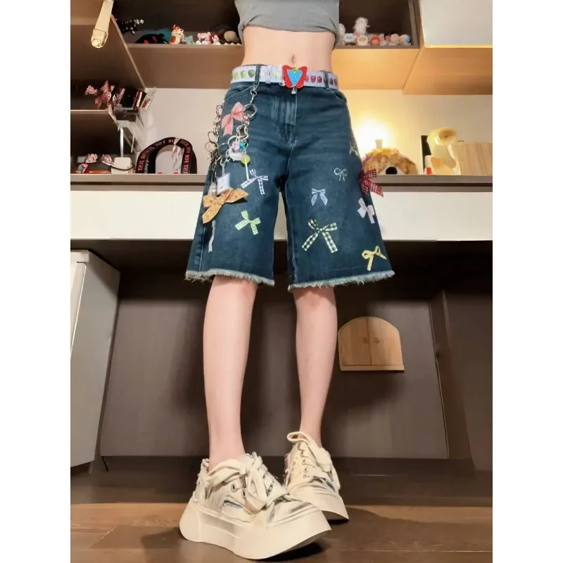 

American Retro Bow Print Blue Jeans Orts Women Summer Loose Slimming High Waist Wide Leg Straight Denim Shorts