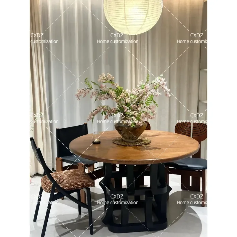 Medieval Retro Round Solid Wood Dining Table Creative Household Log Style Light Luxury High End Art Round Table