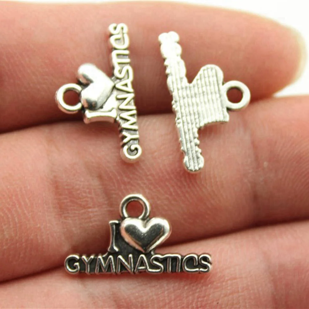 20pcs/lot 20x11mm I Heart Gymnastics Charms For Jewelry Making Antique Silver Color 0.79x0.43inch