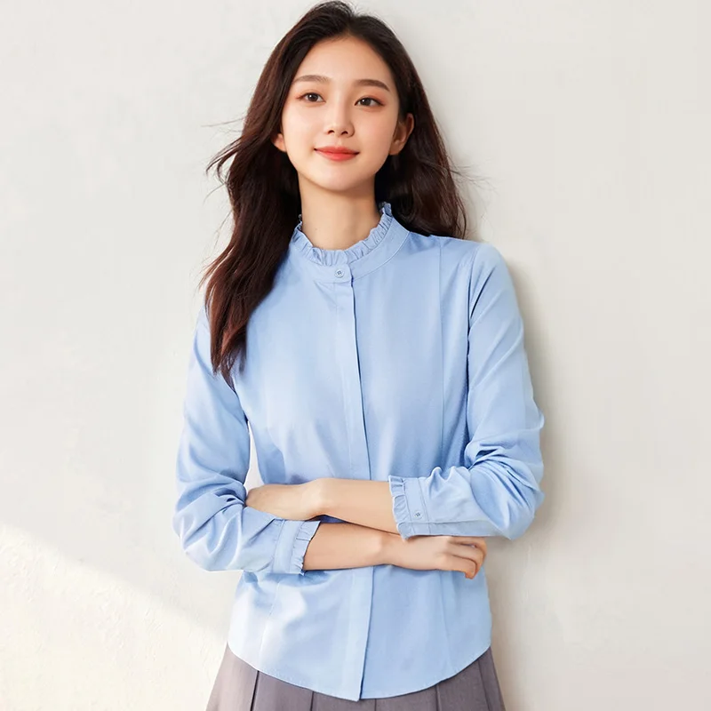 New Spring Autumn Casual Women'S Long Sleeved Commuting Easy Shirt Fashionable And Versatile Stand Up Collar Chiffon Top Female