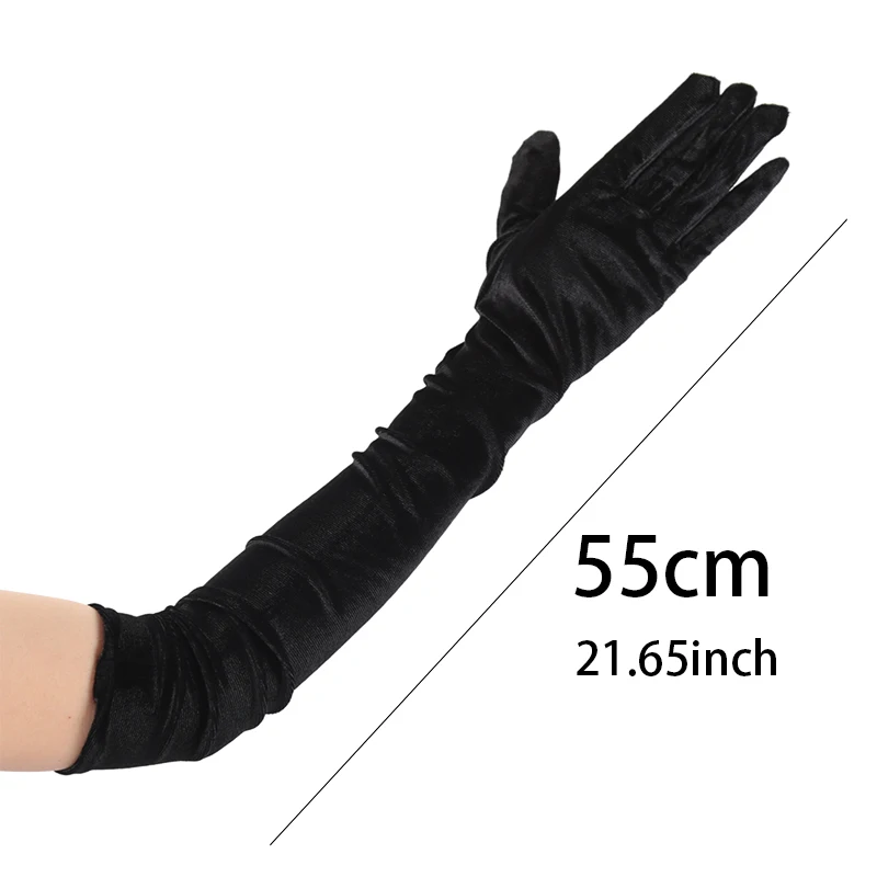 Luvas compridas de veludo estilo retrô feminino, luvas elásticas, quente, preto, vestido de noite, acessórios para banquete, outono, inverno