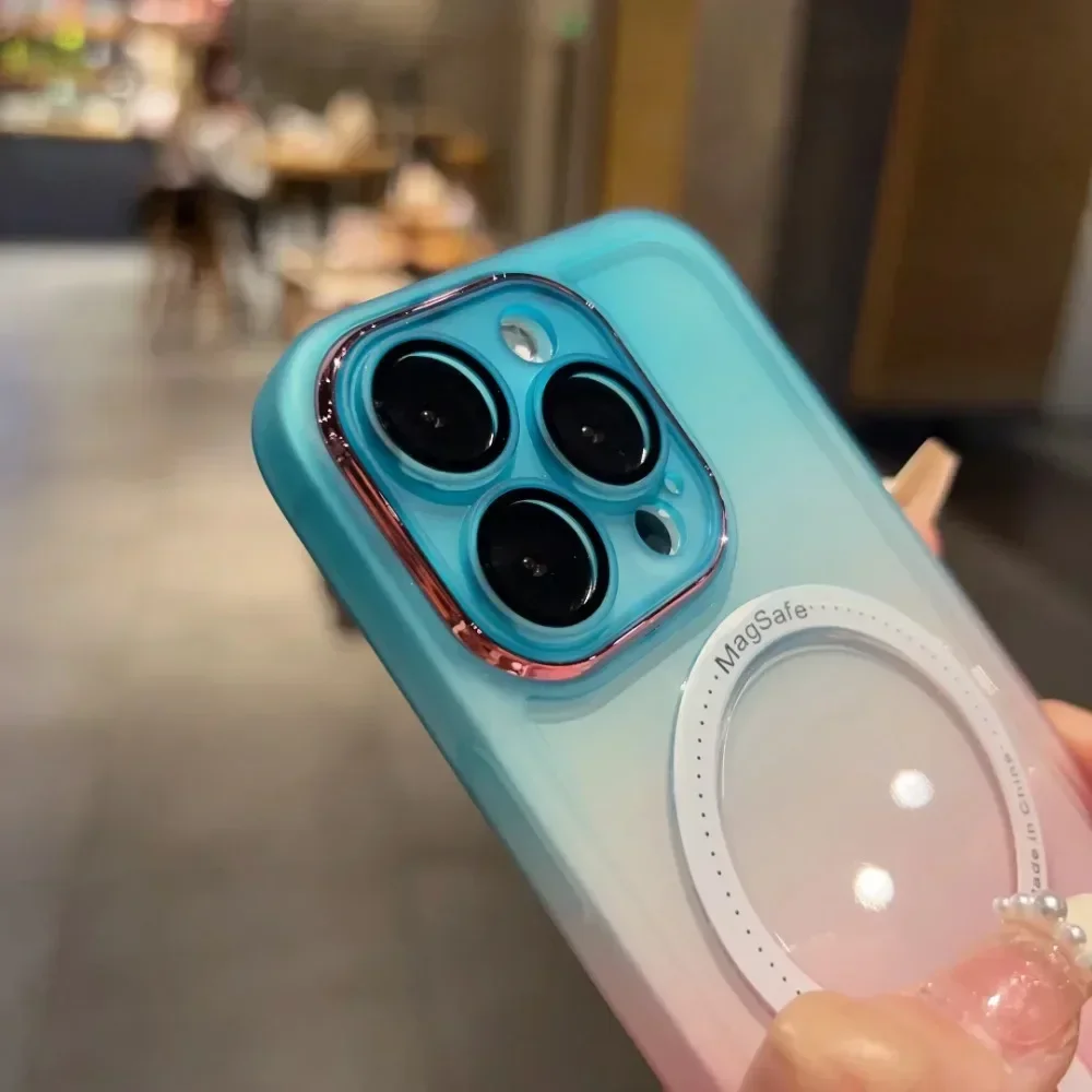 حافظة لهاتف MagSafe مغناطيسية متدرجة اللون بألوان قوس قزح لهاتف iPhone 17 Air 16 Pro Max 15 14 Plus 13 12 غطاء شحن لاسلكي