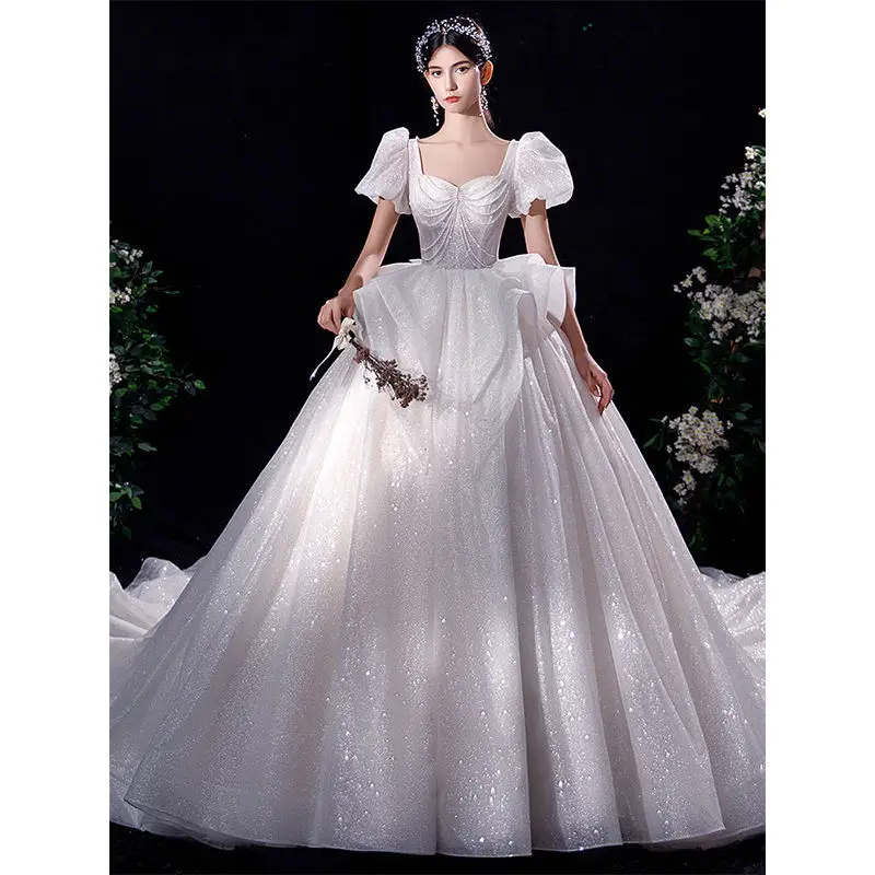 Luxury Ball Gown Wedding Dress Glitter Sparkling Sequins Pearls Puffy Sleeves Princess Bridal Gown Robe De Mariée Long Vestido