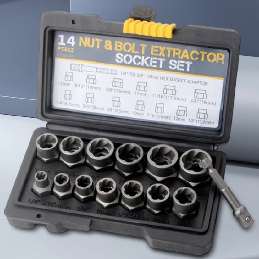 14Pcs Nut Bolt Extractor Tools Set with Carrying Case Damaged Bolt Removal Tool Alloy Screw Bolt Extractor Set Auto Repair Tools