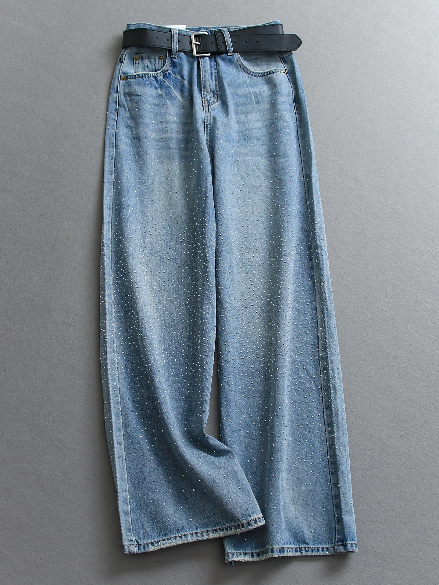 

Retro Washed Loose Straight Leg Jeans Women's Denim Pants with Belt Heavy Rhinestone Wide Leg Trousers High Waist Cotton Blend