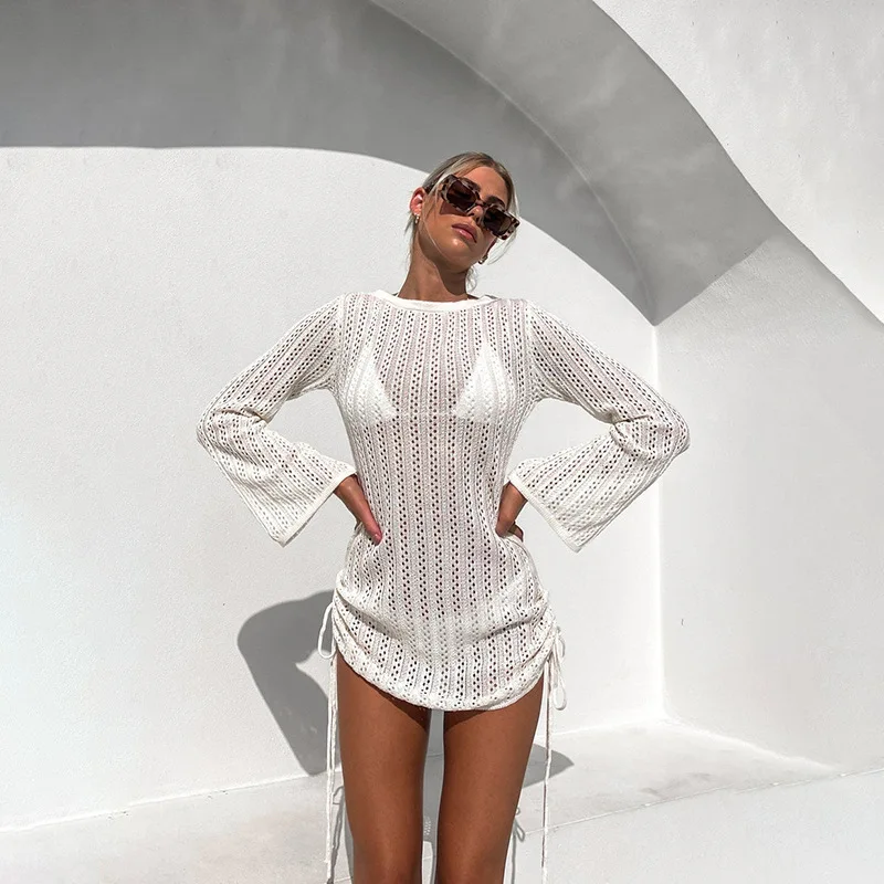 2025 New Bandage Crew Neck Sexy Women's Long-sleeve Swimsuit Hollow Backless Drawstring Swimwear Summer Push Up Beach Cover up