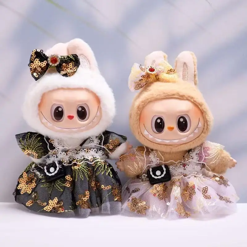 

17cm Labubu Clothes denim skirts Heart-beating Macaron Labubu Doll outfit designer Overalls V1 V2 Dolls Clothing Accessories
