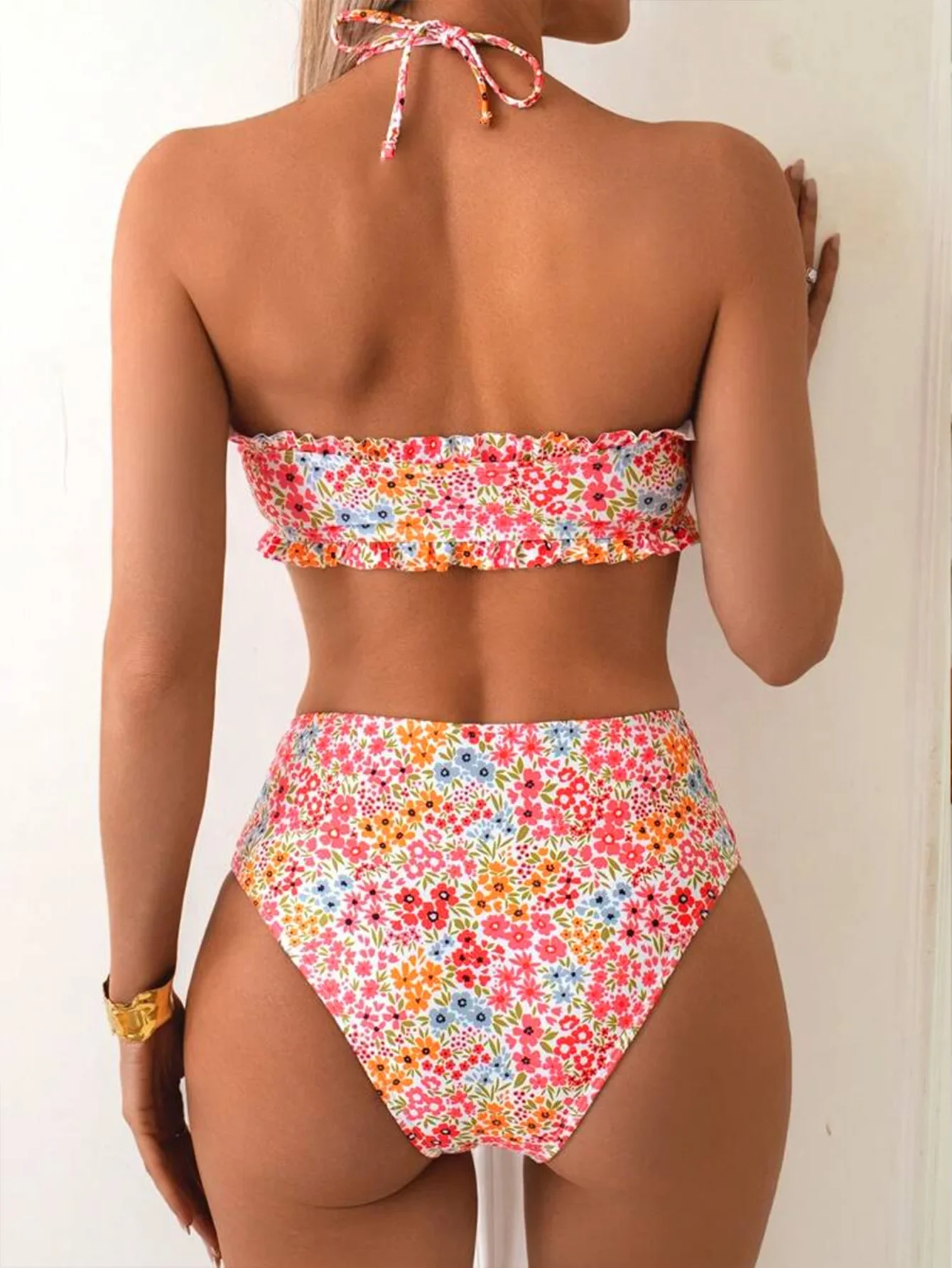Vintage Pink Floral Print Bikini 2025 Women Pleate Ruffles Push Up High Waist Swimsuit Summer Bathing Suit Pool 2 Piece Swimwear