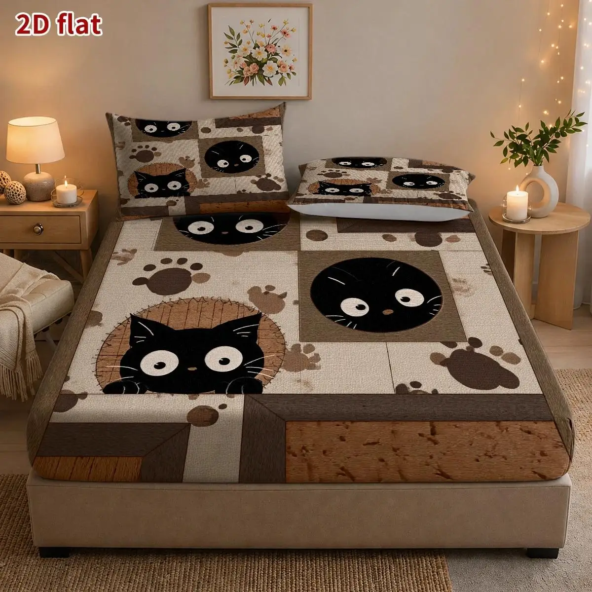 A Three-Piece Set, Including One Fitted Sheet and Two Pillowcases, Holiday Decoration, Halloween Theme, Elastic Mattress Cover, Mattress Protector, Fun Pattern with a Peeping Black Cat, Hand-Drawn Cozy Style, Halloween Fun Atmosphere, Suitable for All Seasons, Machine Washable and Easy to Care for