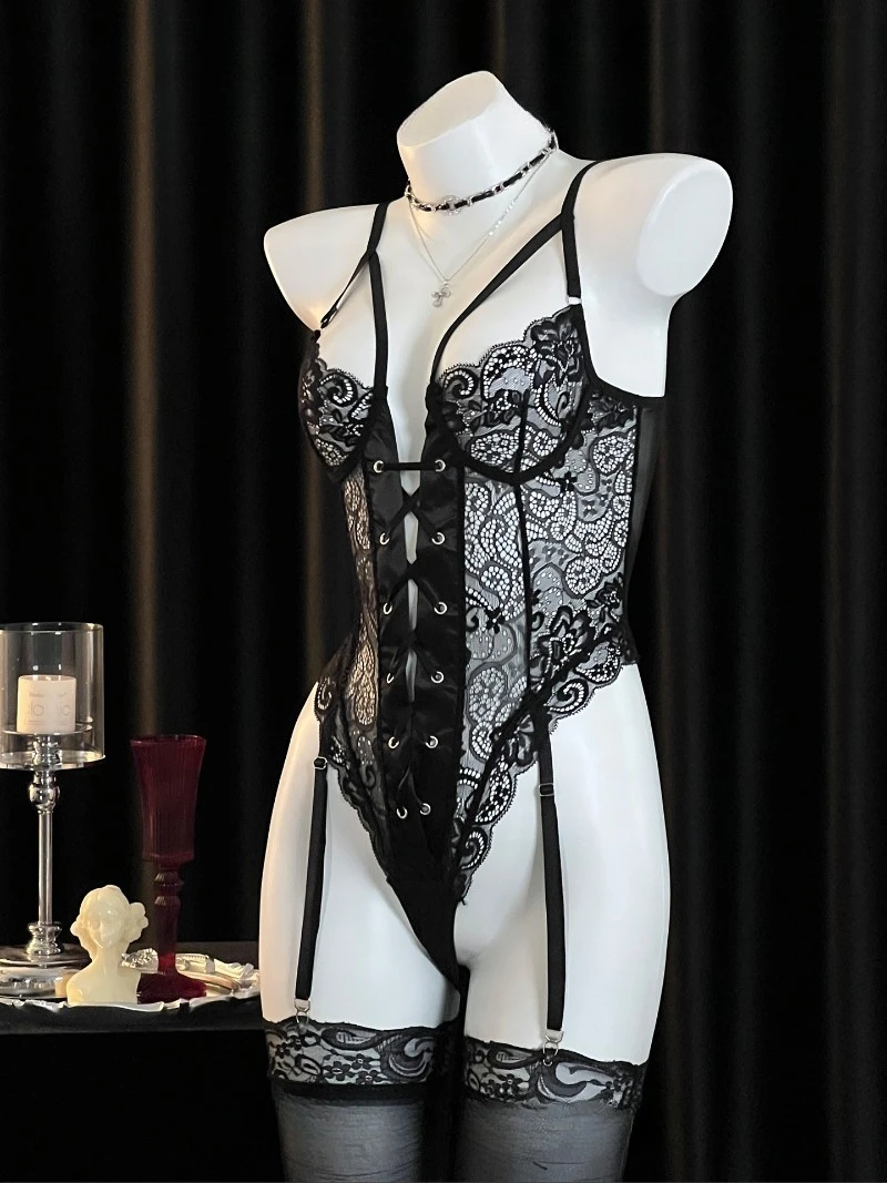 럭셔리 레이스 바디수트 여성, 시스루 원피스 란제리, 로맨틱 데이트 슬립웨어, 조절 가능한 스트랩, 여성스러운 시스루 메쉬 디자인