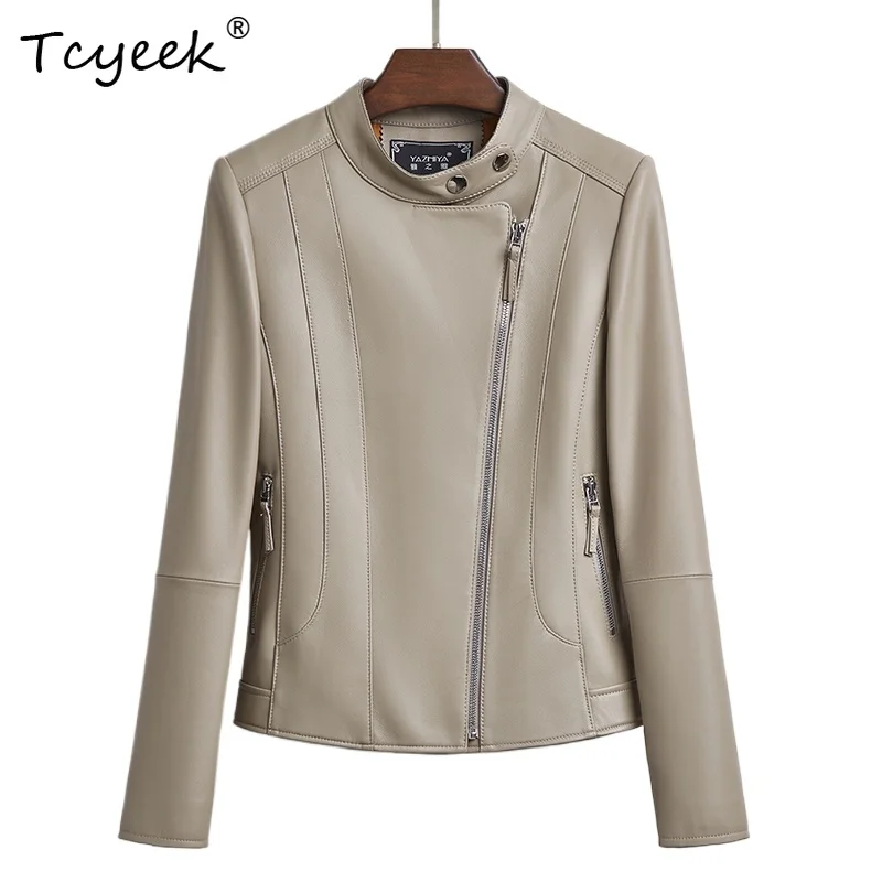 Tcyeek Sheepskin Women Leather Jacket Spring Autumn Stand Up Collar Long Sleeve Light Gray Short Motorcycle Coat Chaqueta Cuero