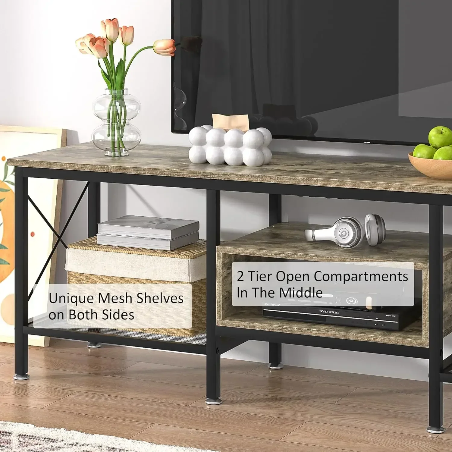 

Hot salesIndustrial TV Stand for 75 Inch Television Cabinet 3-Tier Console with Open Storage Shelves,Entertainment Center Metal
