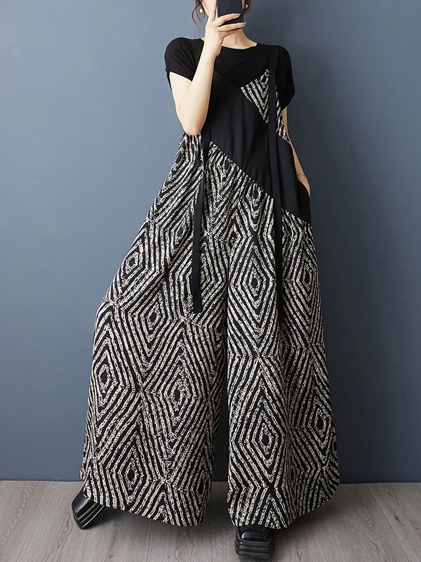 

Adjustable Straps Print Contrast Color Blo Casual Faionable One-Piece Wide Leg Pants High Waist Straight Leg Long Pants