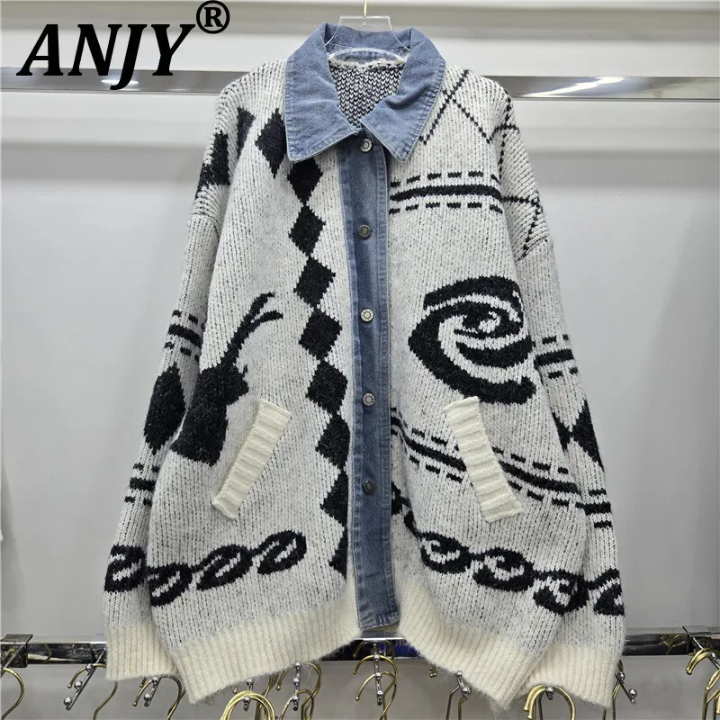 

ANJY 2022, осенне-зимний новый женский модный элегантный джинсовый лоскутный вязаный кардиган, свитер, модные тяжелые куртки Argyle, A14547