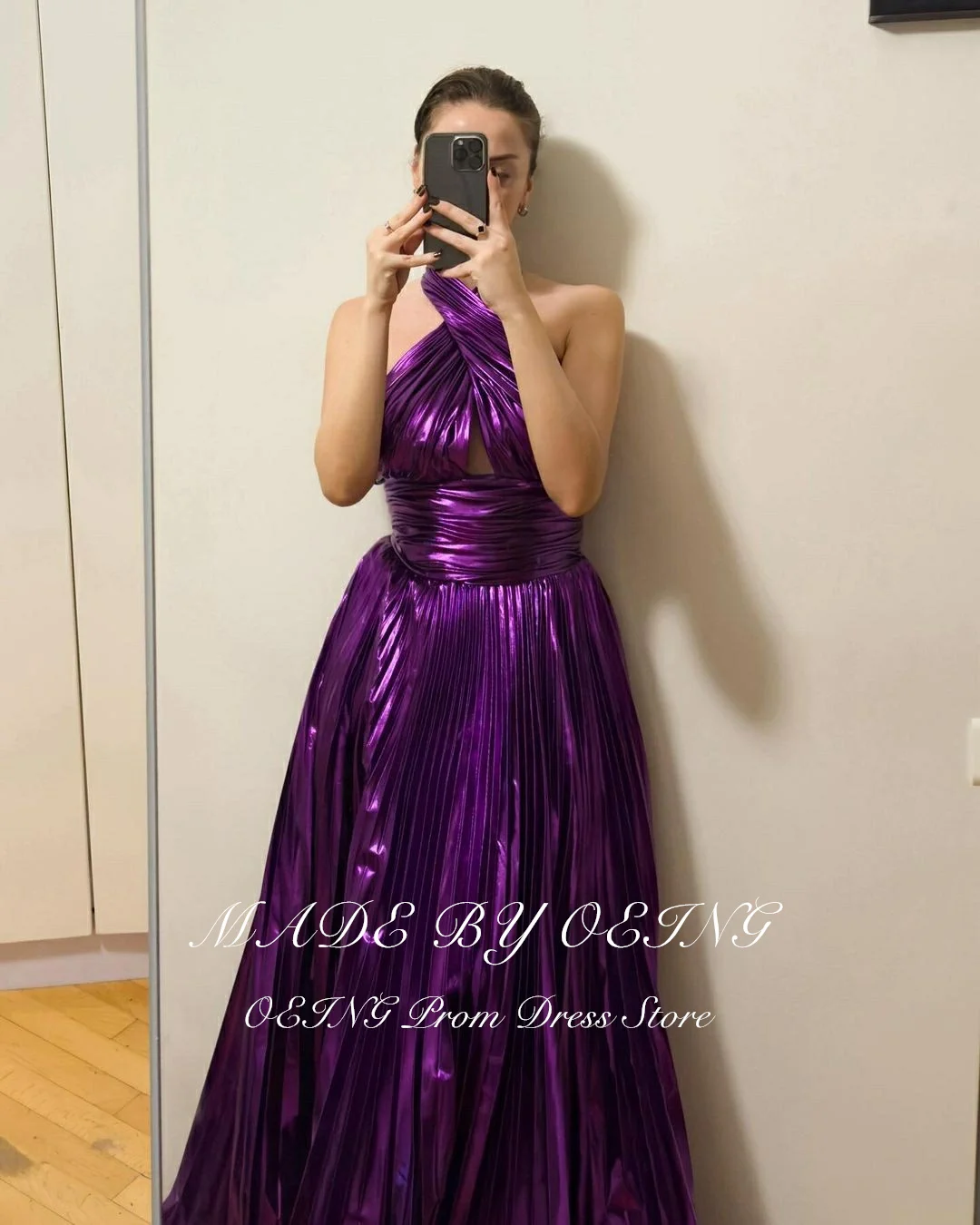 OEING Sexy Purple Evening Dress Halter Strapless Pleated Side Split Cocktail Party Dress Vestidos De Noche Sparkly Prom Gowns