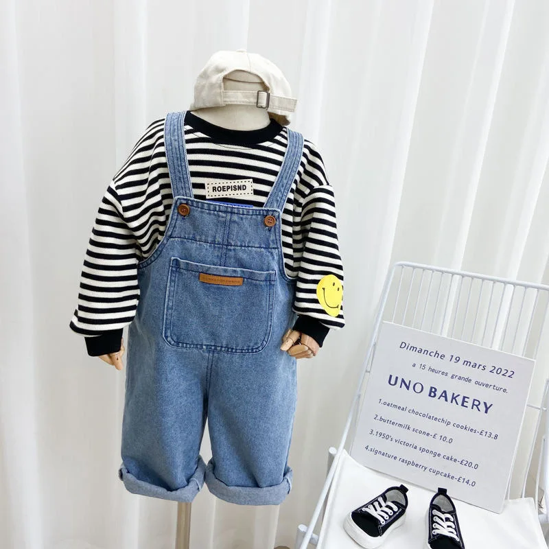 2024 Autumn Toddler Boy Denim Overalls Cotton Big Pocket Baby Boys Strappy Pant Solid Versatile Baby Boy Jeans Suspender Outfits