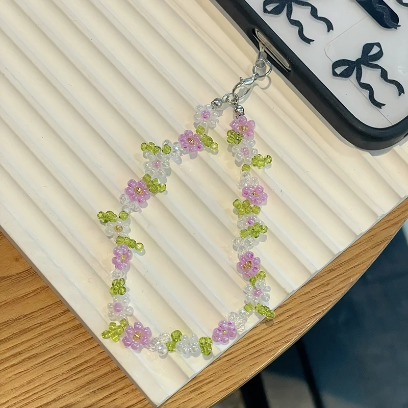 Rantai Gantungan Ponsel Manik-Manik Bunga Putih Pink Daun Hijau Lucu Untuk Casing Ponsel Tali Ponsel Aksesoris Anti-Hilang Gantungan Kunci Lanyard