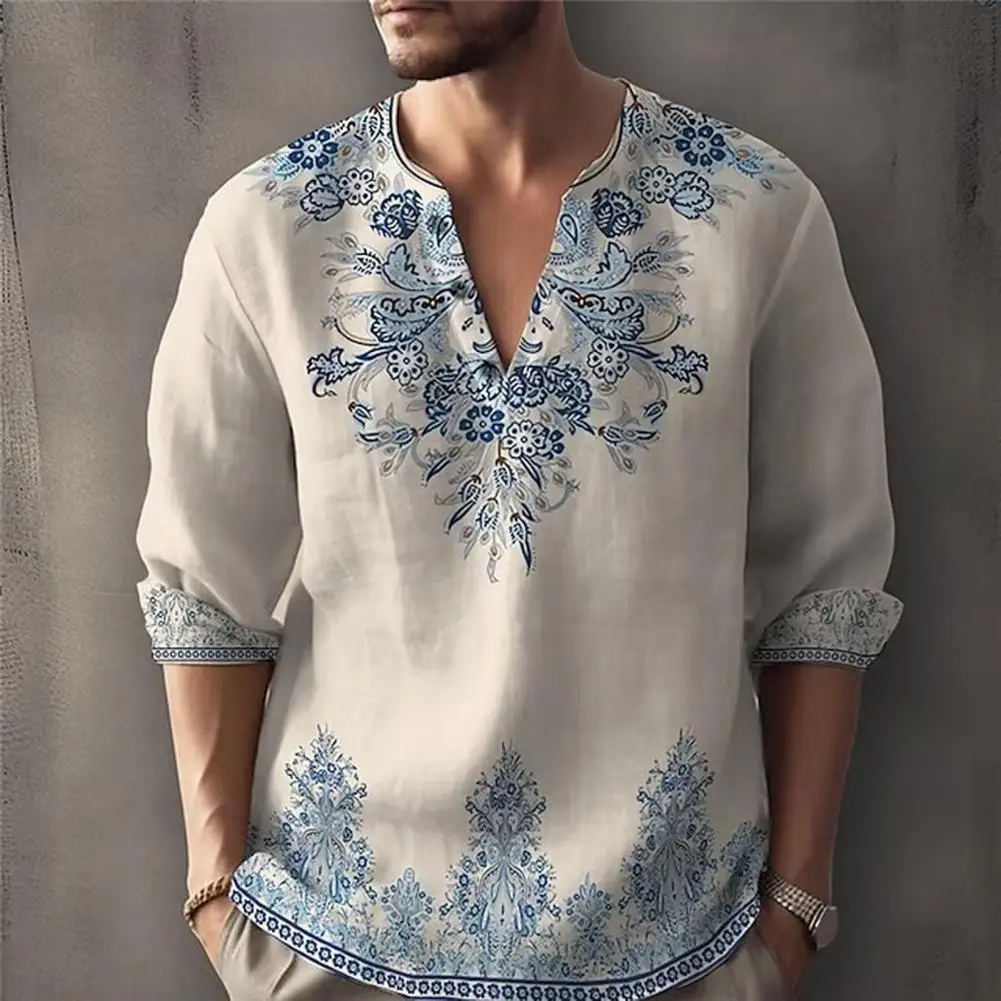 

Autumn Spring Men Shirt, 3D Floral Printed, Loose Fit, V Neck, Long Sleeves, Retro Style Pullover Casual Top, Camisas De Hombre