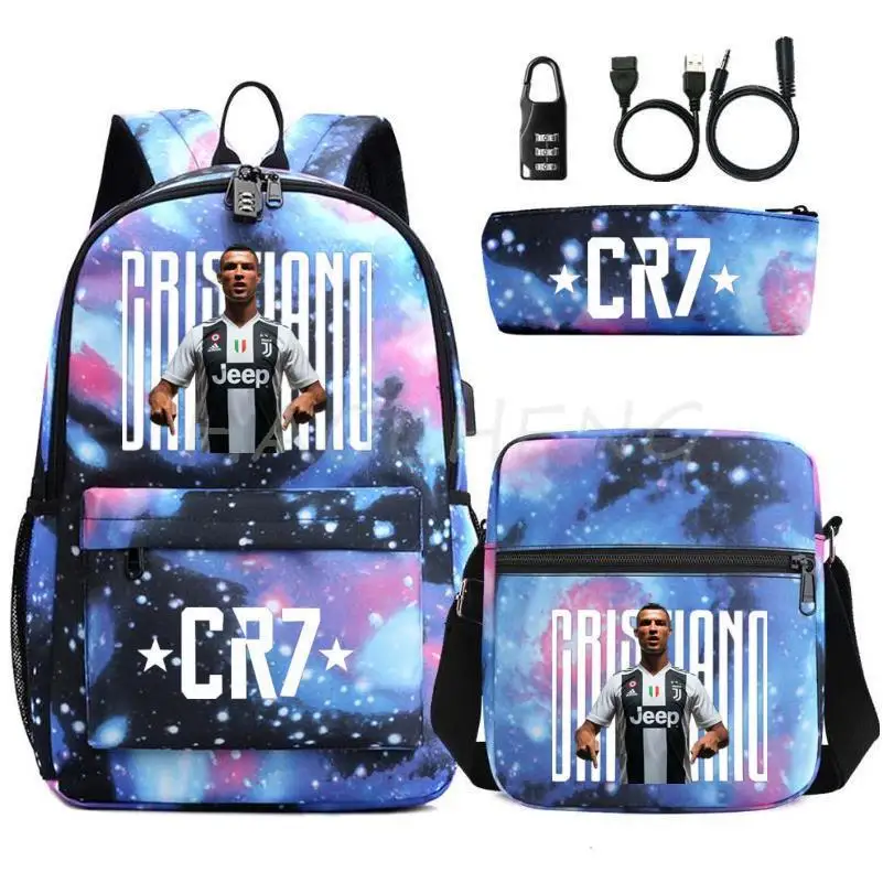 Fashion 3 Pcs/Lot Football CR7 Backpack 3D Printe Teens Shoulder Bags Women Men High School Students School Bags