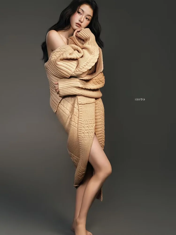 

Autumn Winter New Style Portrait Studio Korean Lazy Fashion High-End Sweater Photography Clothes Women's Ethnic Stage Costume