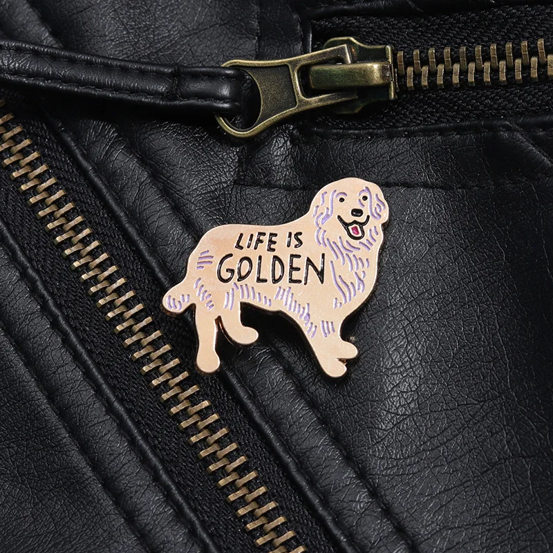 Cartoon Dog Golden Retriever Badge Brooch Pins Life Is Golden Enamel Animal Theme Lapel Pin Accessory On Backpack Clothing Acces