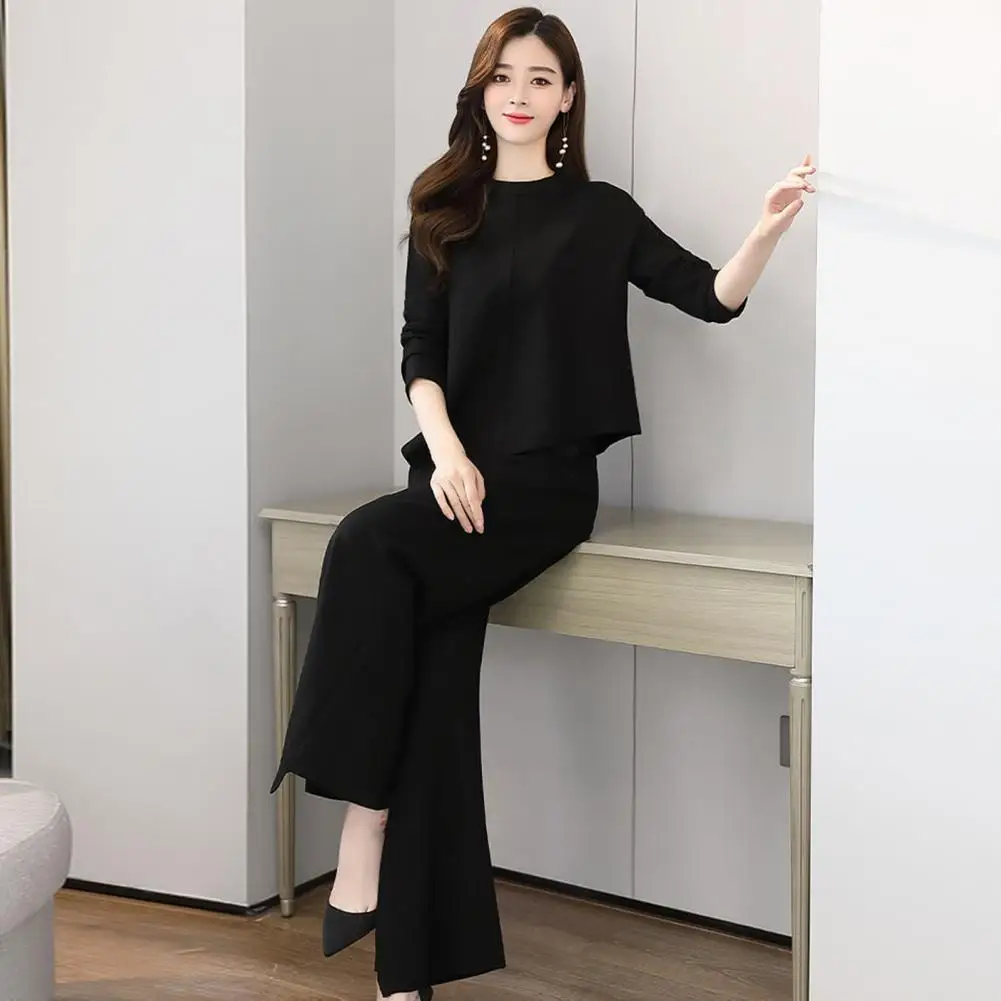 Elegante terno de manga comprida feminino, top de comutar, conjunto de calças, blusa de bainha irregular, culottes de perna larga, tamanho grande, 2