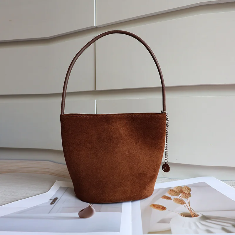 FIRMRANCH Korean Fashion Brand Simple Design Commuter Frosted Cow Leather Vintage Women\'s One Shoulder Bucket Bag Texture Tote