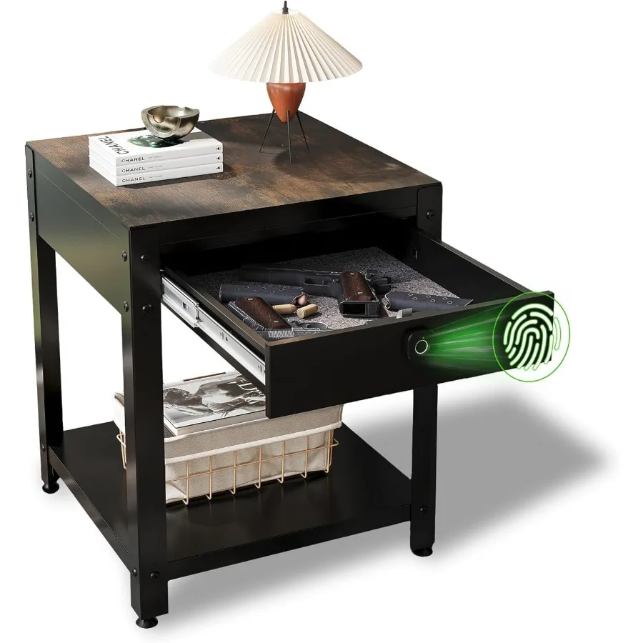 Biometric Gun Safe Nightstand Hidden Gun Storage Drawer for Pistol Ammo Valuables Secure Bedside End Table with Locking Drawer