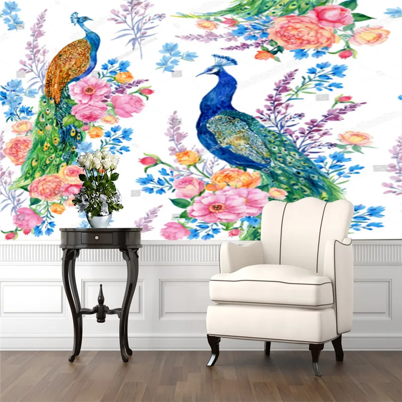 

Modern Wallpaper for Living Room Watercolor Beautiful Bird Peacock Flowers TV Sofa Background Wall Papers Home Decor Mural