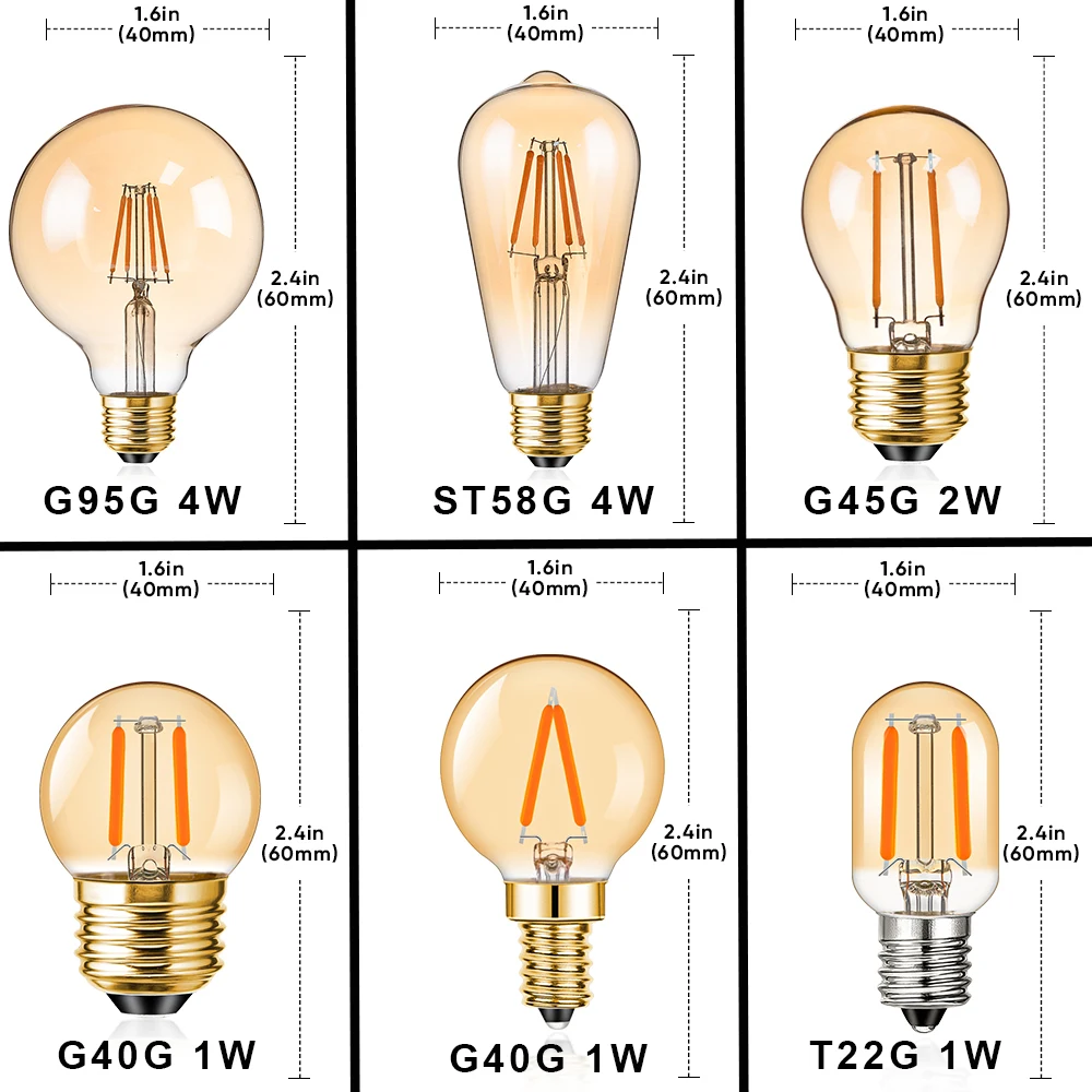 Vintage Globe E27 E12 E14 12V Led Light G95 G45 ST58 A19 T22 G40 Warm White Retro Camper Lighting Night Light Decoration Ourdoor