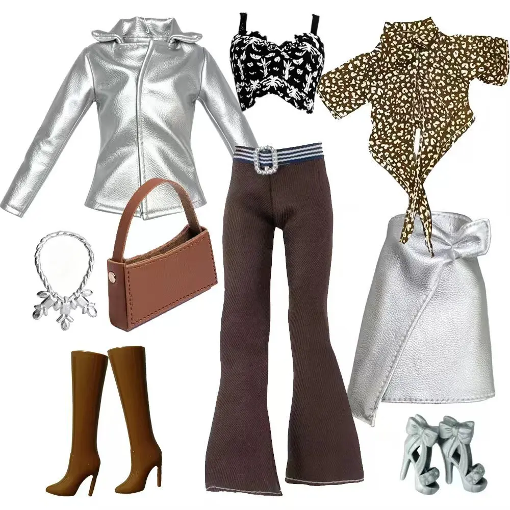 

Retro-style Spice Girls Silver Leather Jacket+ Vest+Trousers+Boots+Handbag Set For 1/6 FR Babi Xianxian Supermodel Doll Dress Up