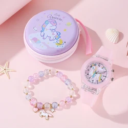 1PCS Girl Cute Student Little Fresh Unicorn Pink Light Quartz Silicone Watch +1Pcs Burst Bead Bracelet +1Pcs Pink Box Set