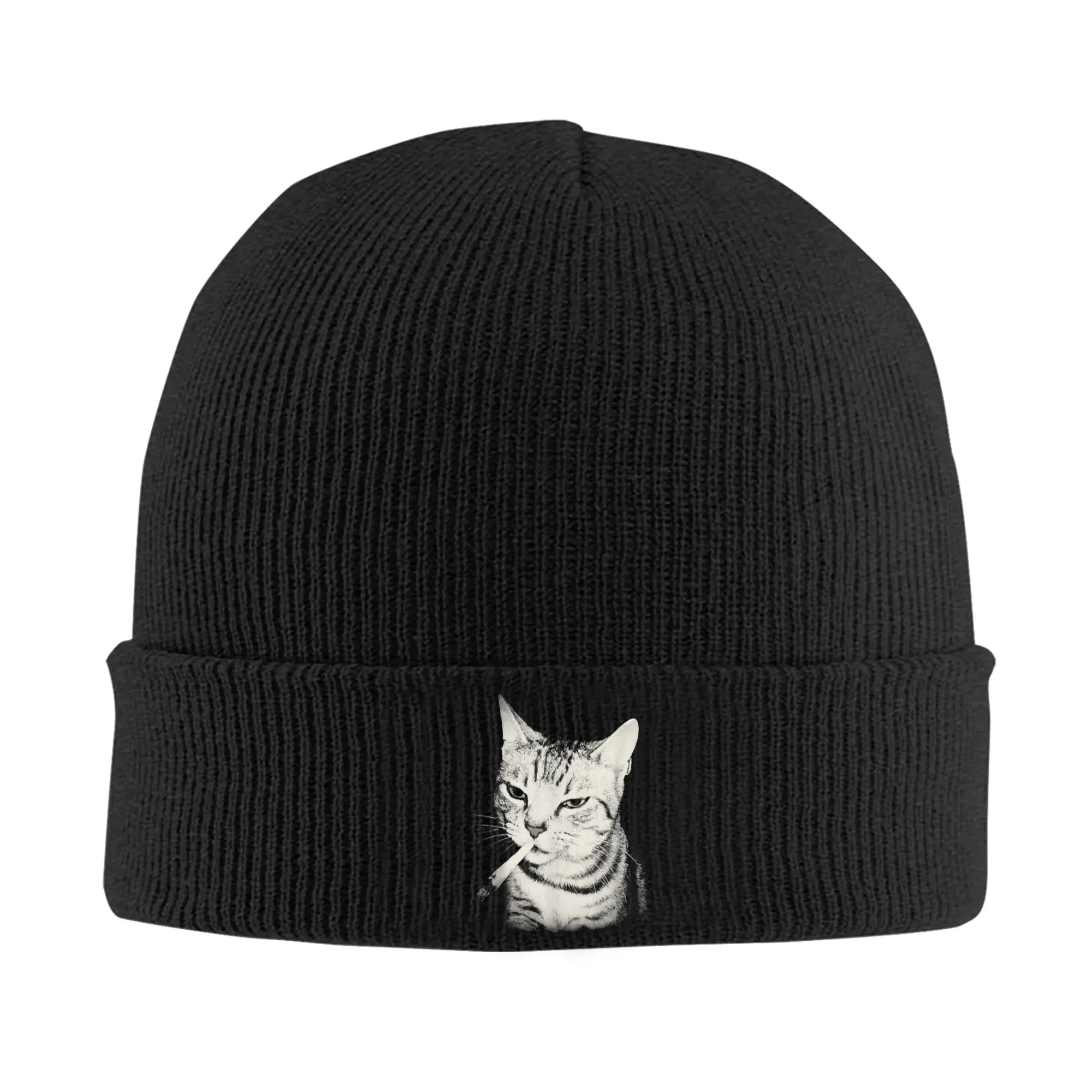 Smoking Cat Cigarette Kitten Funny Meme Stupid Brainrot Bonnet Hats  Beanie Hats Winter Knit Hat Men Women Kpop Warm Soft Cap