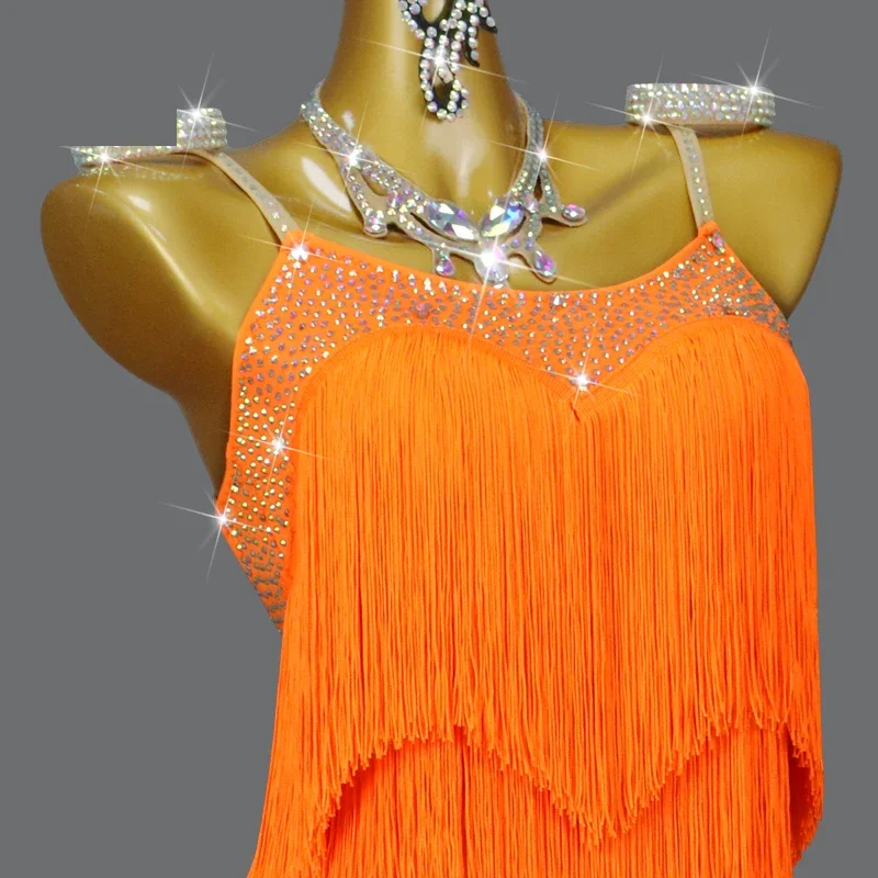 Vestido de baile latino naranja con borlas para mujer, ropa de práctica de salón de baile sexual, falda de escenario, ropa de noche, disfraz de actuación para mujer, novedad de 2024