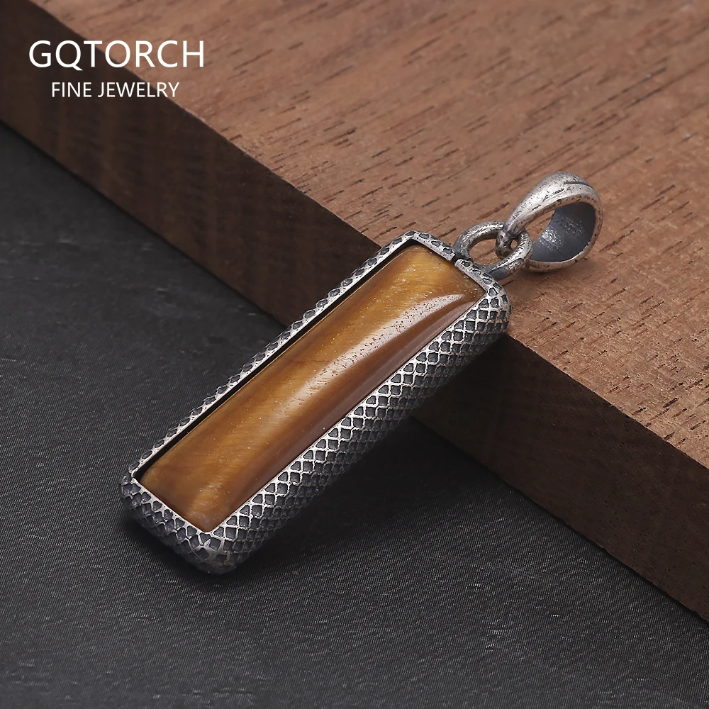 

925 Sterling Silver Natural Stone Rectangle Tag Pendant for Men Women Tiger Eye's Stone Turquoise Simple Retro Vintage Jewelry
