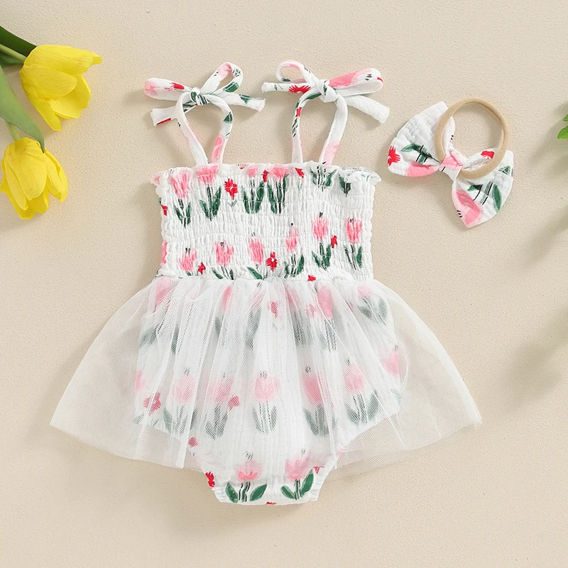 Baby Girl Summer Jumpsuit Tie Straps Tulip Print Sleeveless Romper Dress and Headband Set Cute Fashion Clothes Outfits