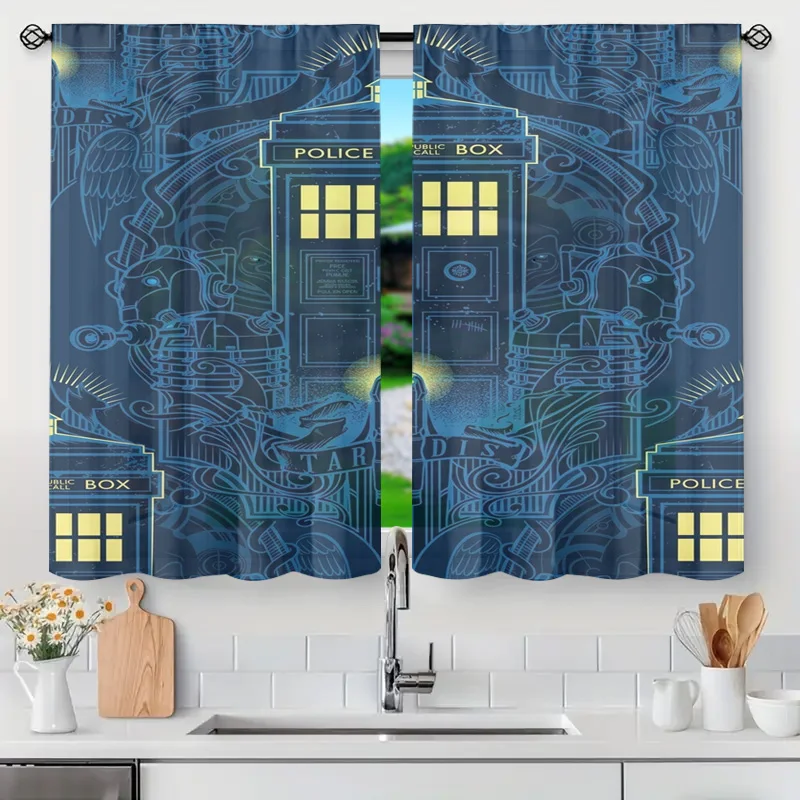 Vintage Blue Graphic Police Call Box Curtain Panels Decorative Tension Rod Drapes for Kitchen Bathroom Window Art Deco Style Hom