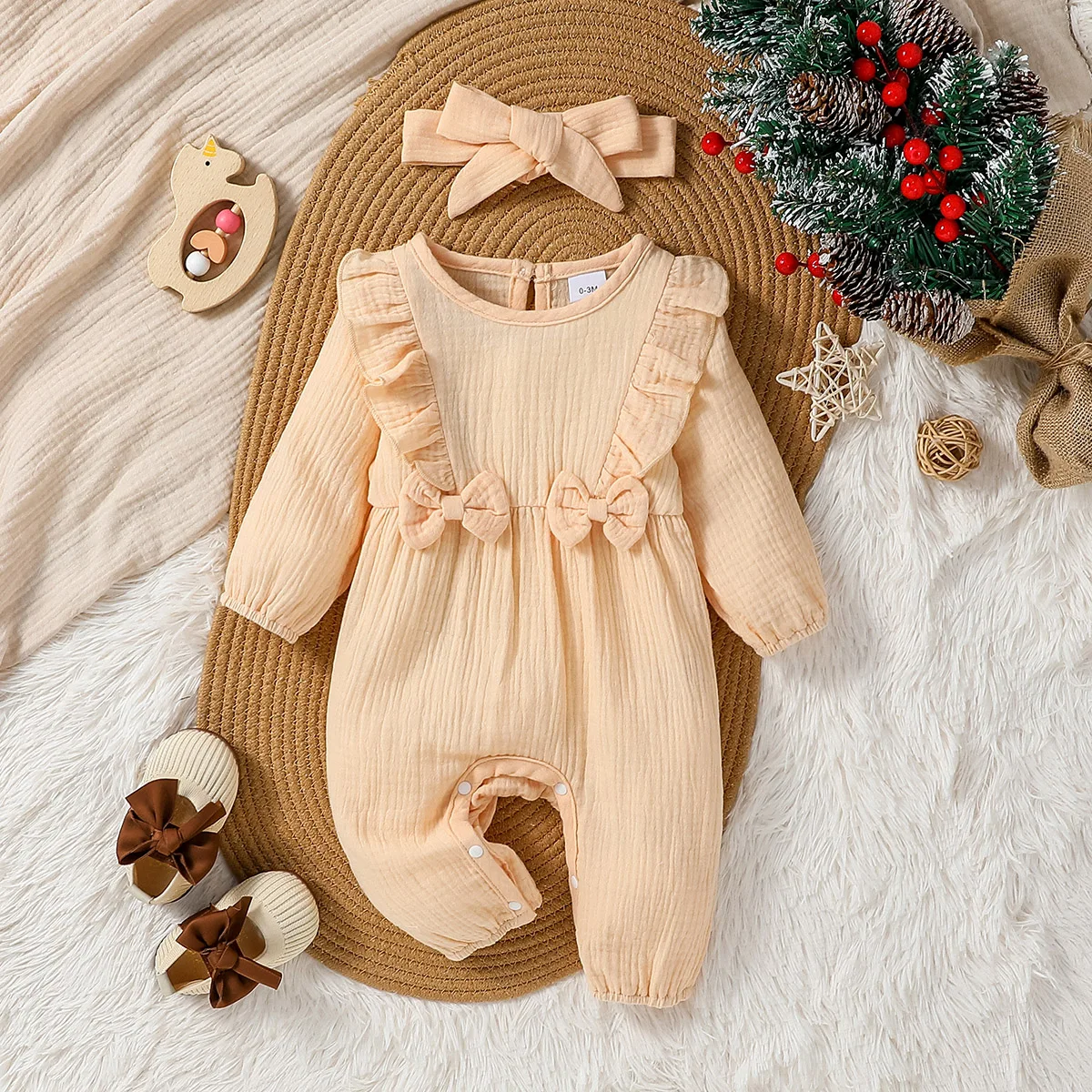 Sweet Baby Girl Casual Jumpsuit Spring/Autumn Cute Ruffle Long Sleeve Round Neck Bow Front Romper Newborn Toddler