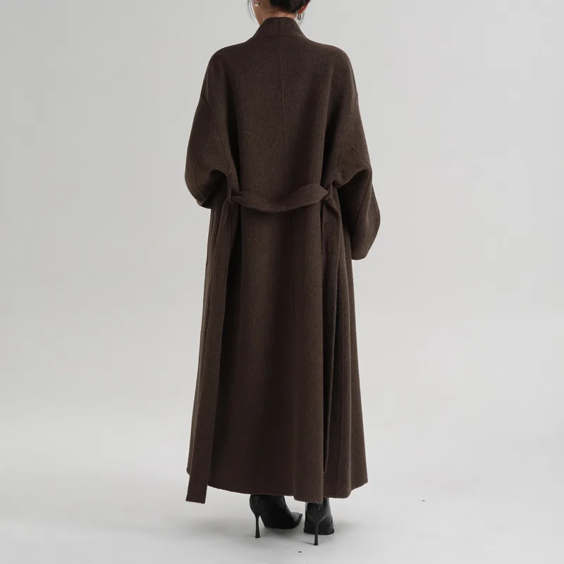 EAEOVNI معطف طويل أنيق من الصوف للنساء موضة الوقوف طوق بلون حزام متجمع الخصر الشتاء مزاجه سترة 2026 جديد #5