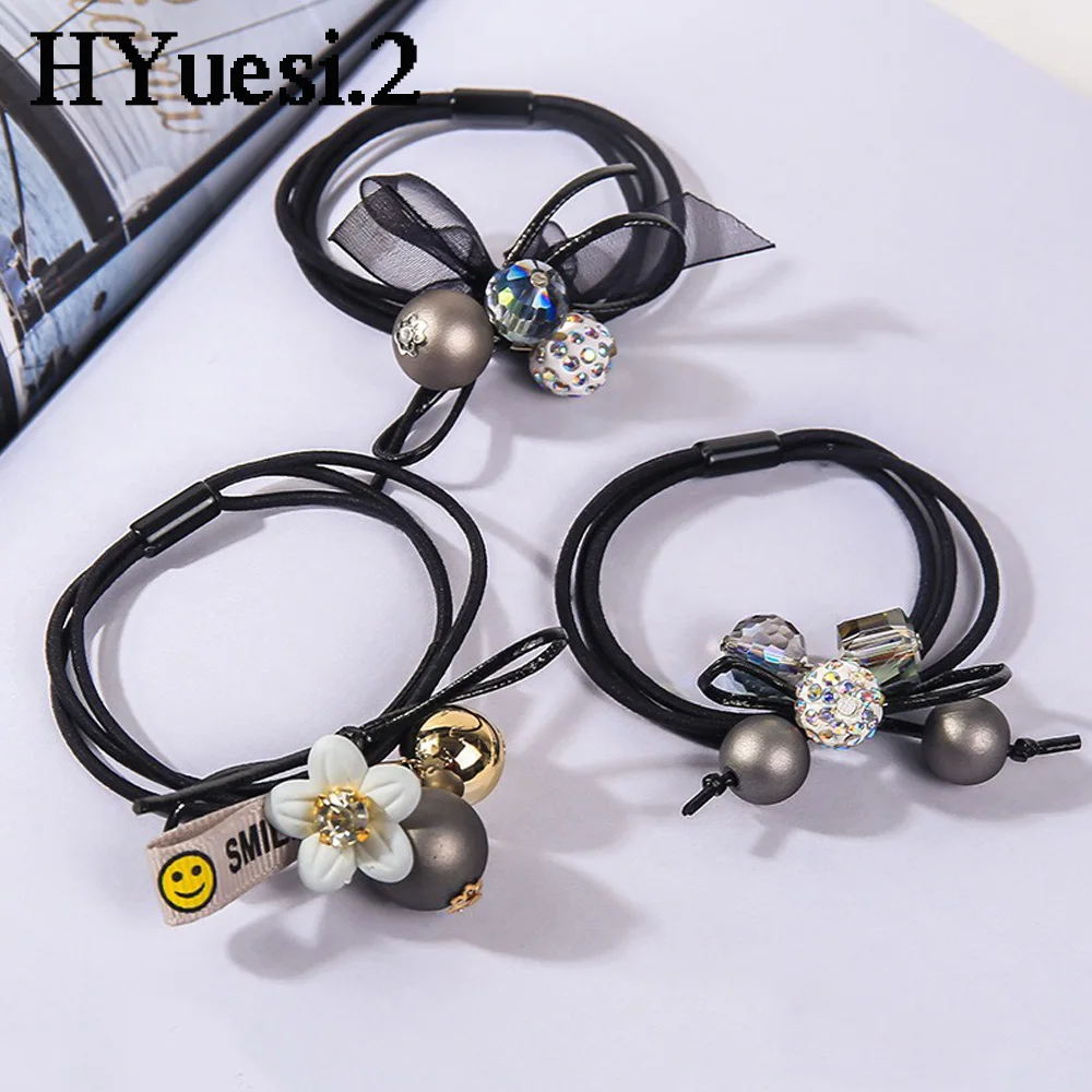 6pcs/Set Flower Crystal Ball Charms Hair Ties With Ribbon Elegant Bow Beaded Hair Ropes Women High Elastic Ponytail Rubber Band