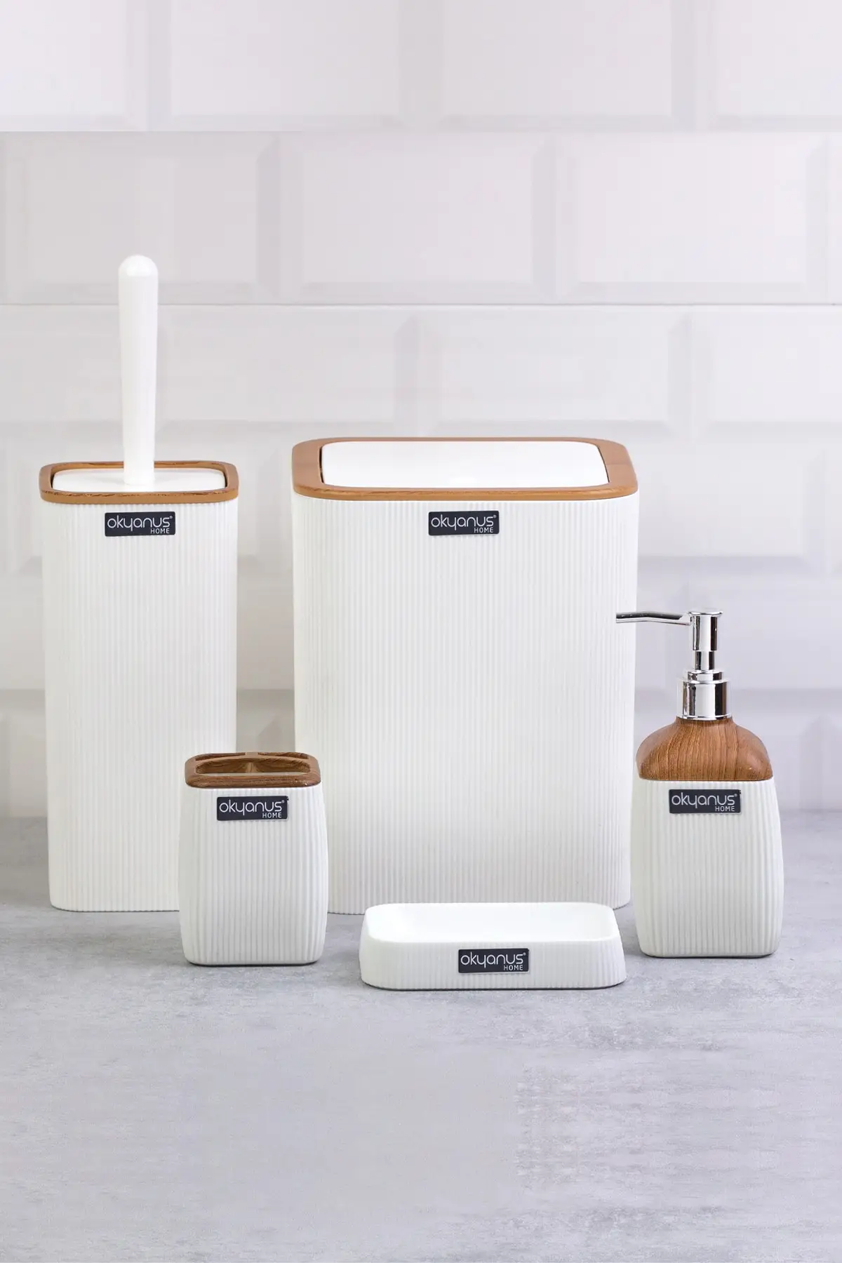 5 Pcs Luxury White Wooden Bathroom Accessories Set Toothbrush Holder Toilet Brush Liquid Soap Dispenser Trash Can Made in Turkey