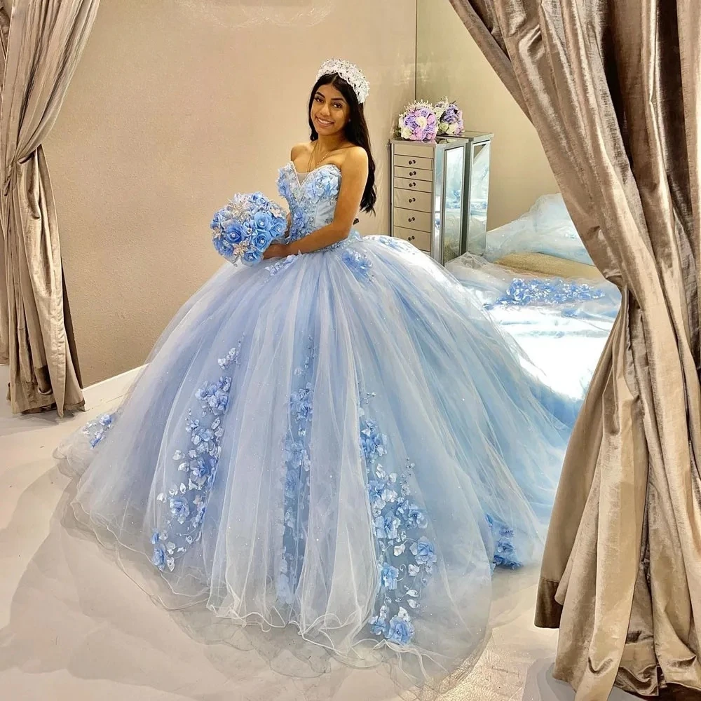 Sky Blue Princess Quinceanera Dresses Ball Gown Sweetheart Tulle Floral Pearls Sweet 16 Dresses 15 Años Mexican Customized