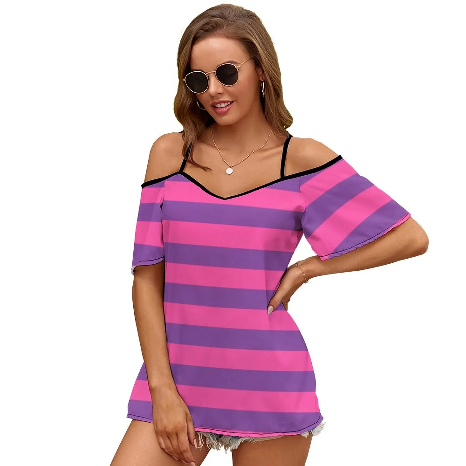 Cheshire nadruk kota nowe mody Zip Off Shoulder Top z krótkim rękawem kobiet koszula Alice Alice w Aiw Cheshire Cat koci wzór